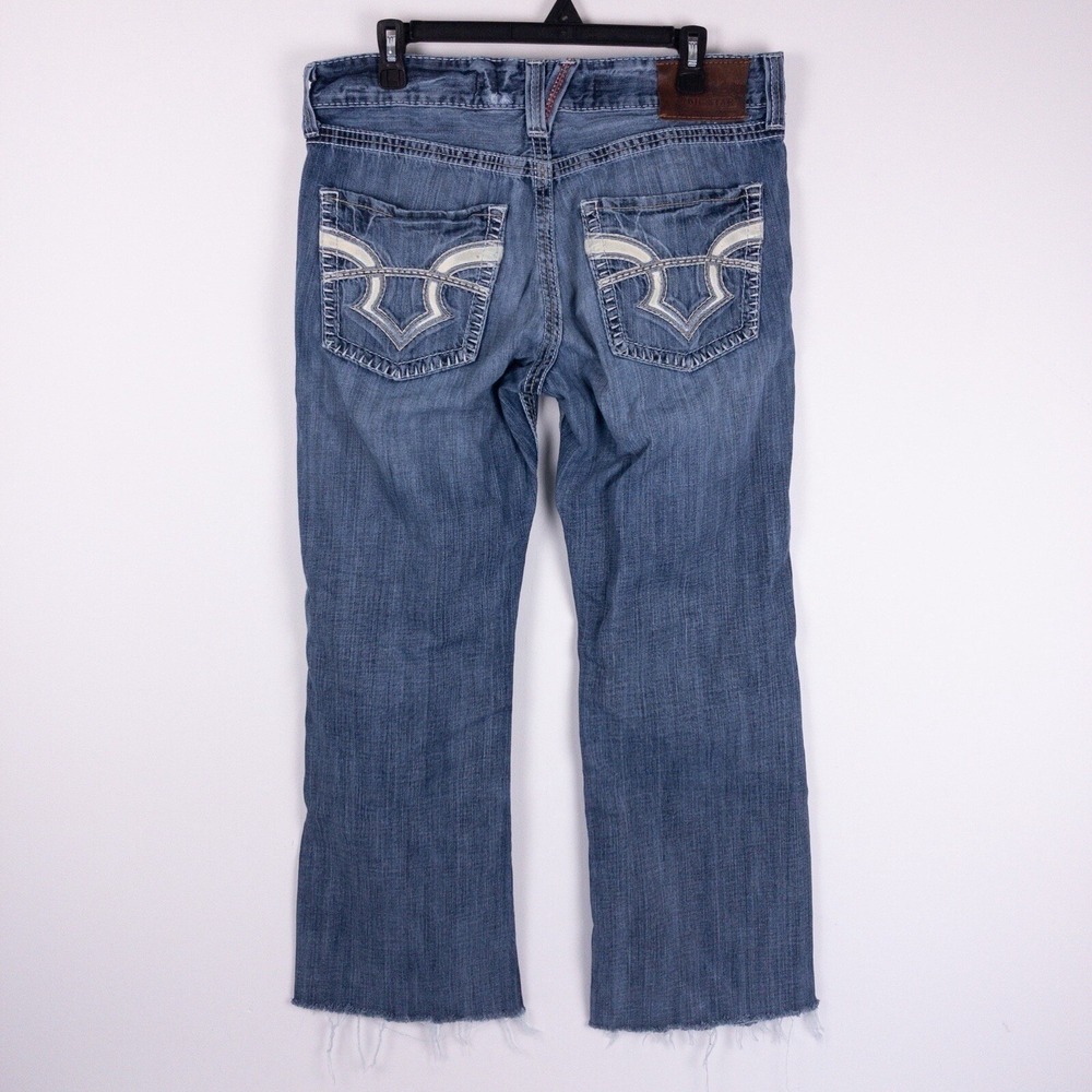 Big Star Pioneer Jeans Mens Size 33R (34x27) Boot Cut Distressed Raw Hem Buckle